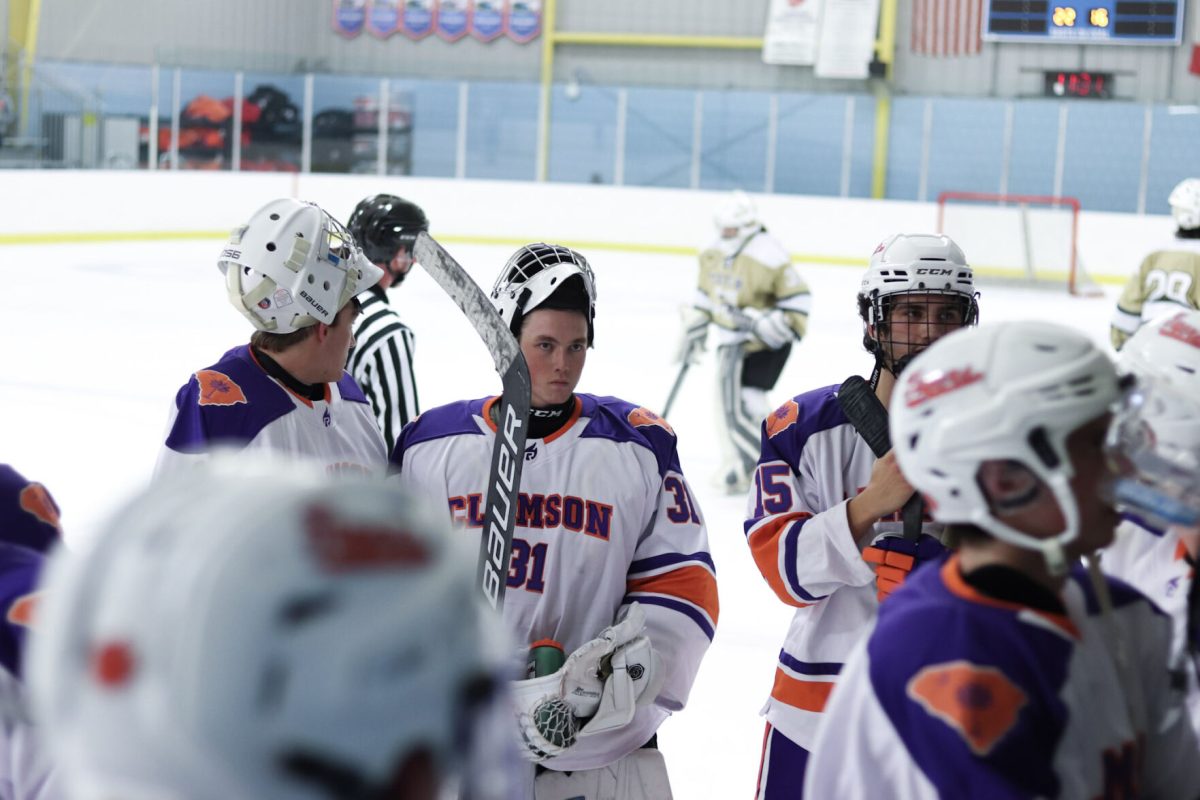 Clemson ice hockey goalie JP Kerney stands with his team during the Tigers match against Georgia Tech on Oct. 7, 2022. 