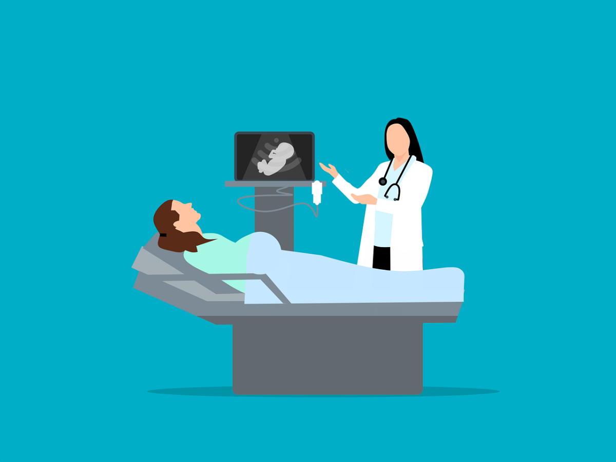 Graphic of a pregnant person at an ultrasound appointment.