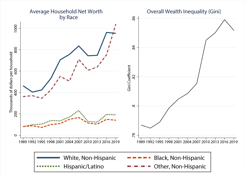 A graph shows increasing wealth inequality between races.