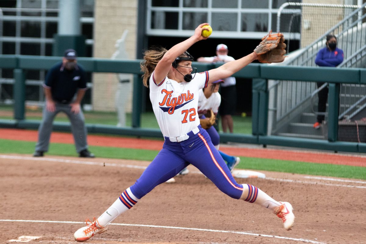 Valerie Cagle (72) pitched the first perfect game in Clemson softball program history at McWhorter Stadium on Wednesday, March 8, 2023. 