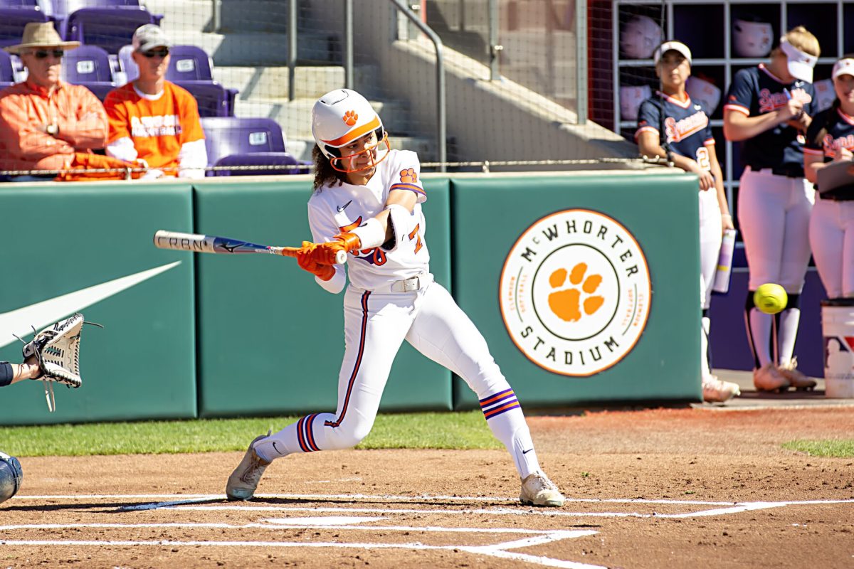 Clemson center fielder McKenzie Clark hit a solo home run in the bottom of the third inning against Auburn at McWhorter Stadium on May, 20, 2023, to help send the Tigers to Game 6 of the Clemson regional. 