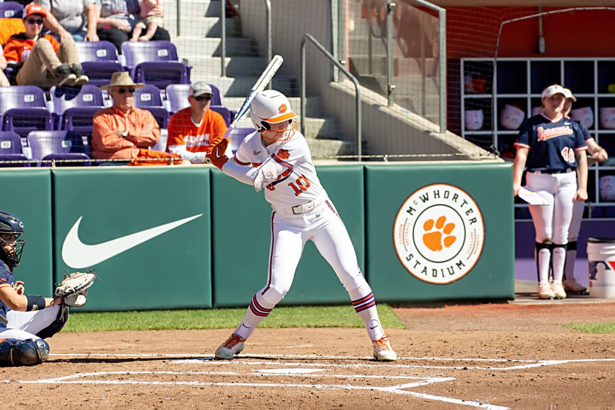 Clemson left fielder Caroline Jacobsen (10) finished with three hits and five RBIs against UNC Greensboro in the Tigers first game of the Clemson regional at McWhorter Stadium on May 19, 2023. 