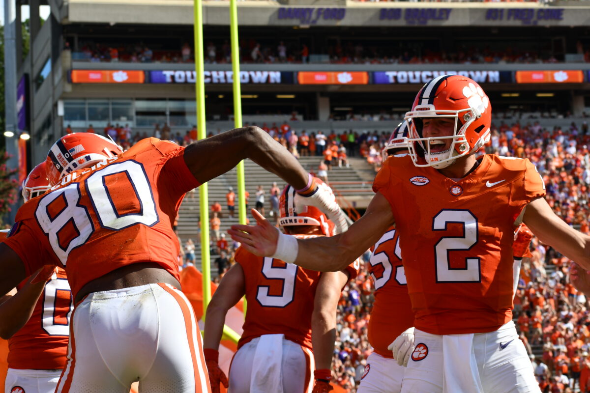 Clemson+wide+receiver+Beaux+Collins+and+quarterback+Cade+Klubnik+celebrate+after+Collins+gets+into+the+end+zone+against+Charleston+Southern+on+Sept.+9%2C+2023.