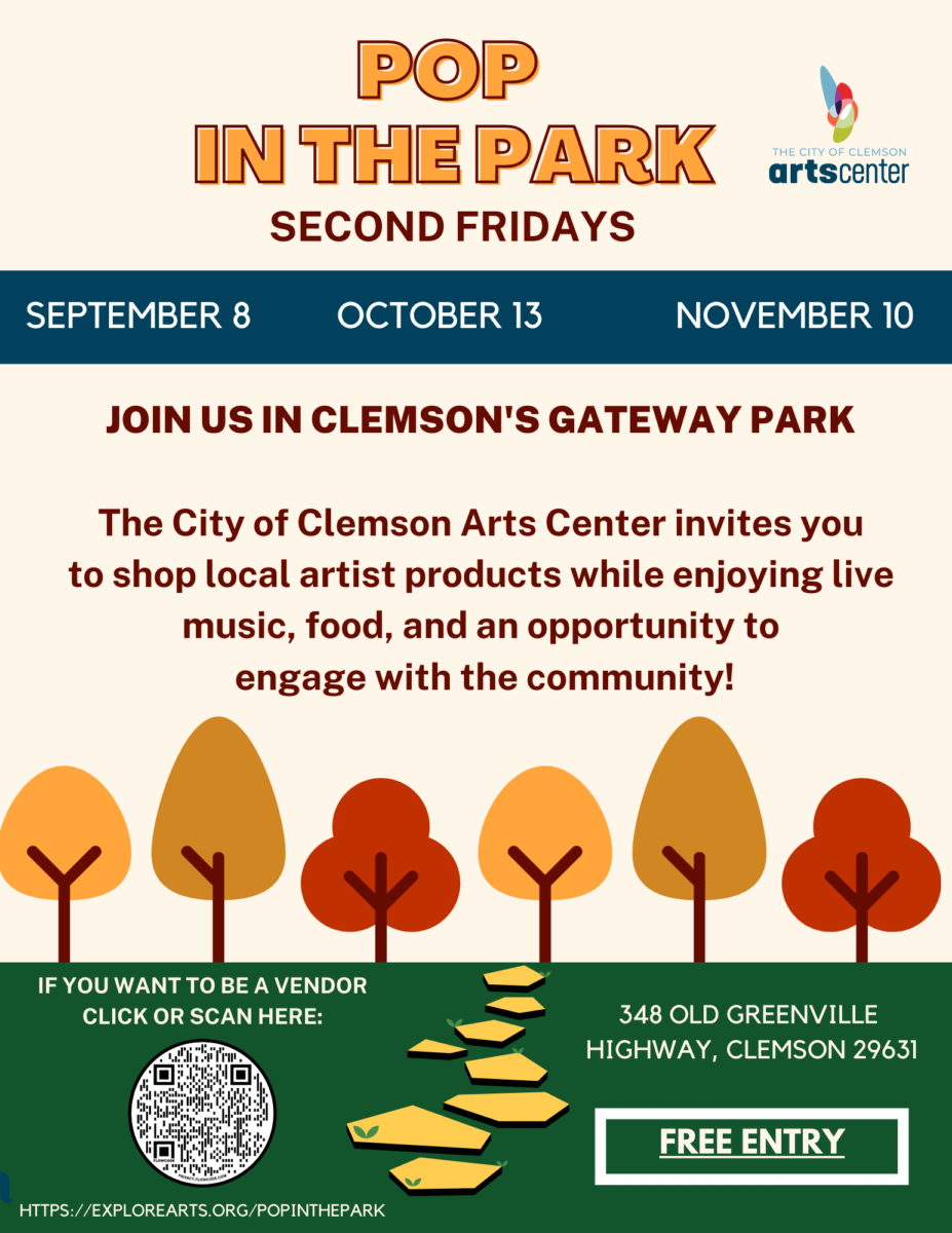On the second Friday of the “ber” months, head to Clemson Gateway Park for a fun night full of art and music!