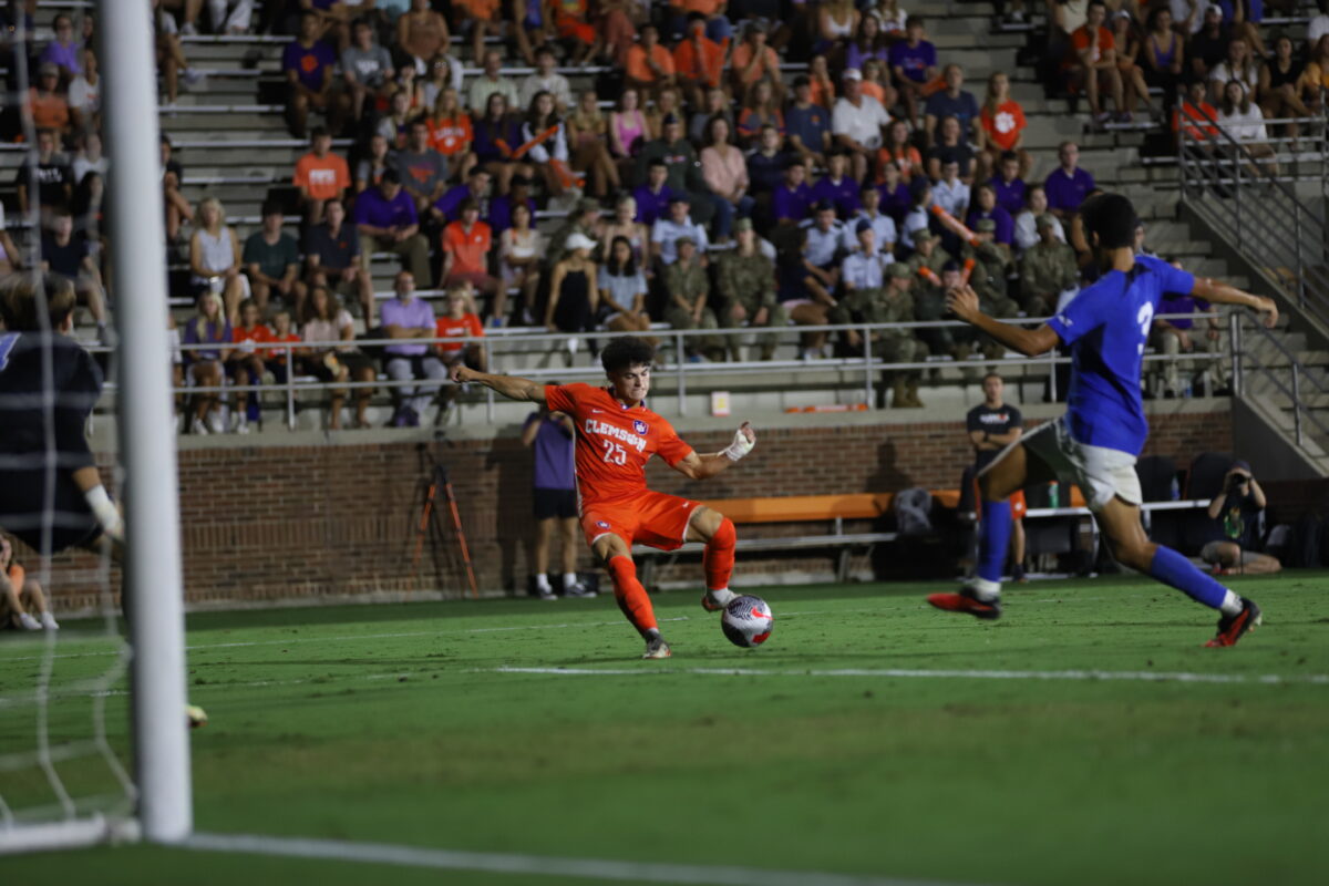 Sophomore midfielder Nathan Richmond has cemented himself as a talented playmaker for the Tigers, pictured attempting a shot past a Blue Devil defender in Clemsons 2-0 shutout over Duke.