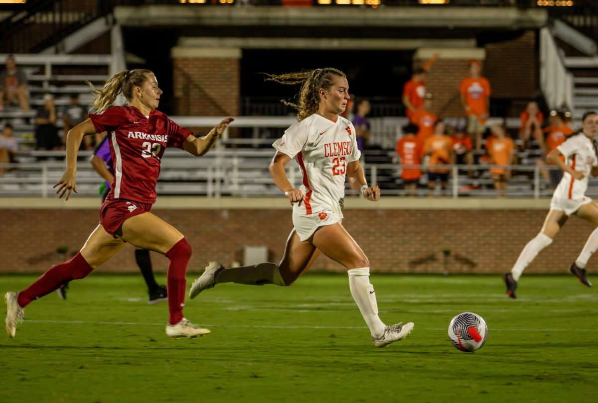 Clemson+forward+Caroline+Conti+scored+one+goal+against+the+Tigers+win+over+Arkansas+at+Historic+Riggs+Field+on+Sept.+7%2C+2023.