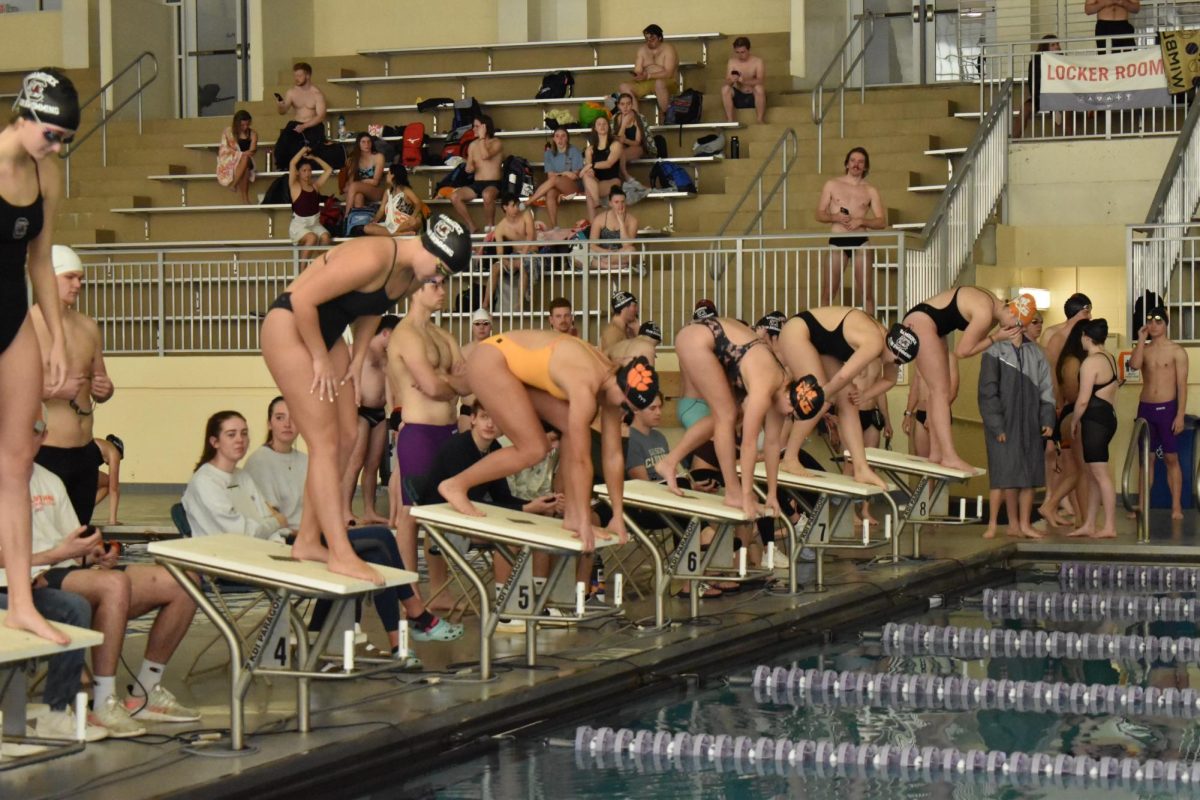 The Clemson club swim team lines up against South Carolina in February. The swim team hosts home meets in the McHugh Natatorium of Fike Recreation Center.