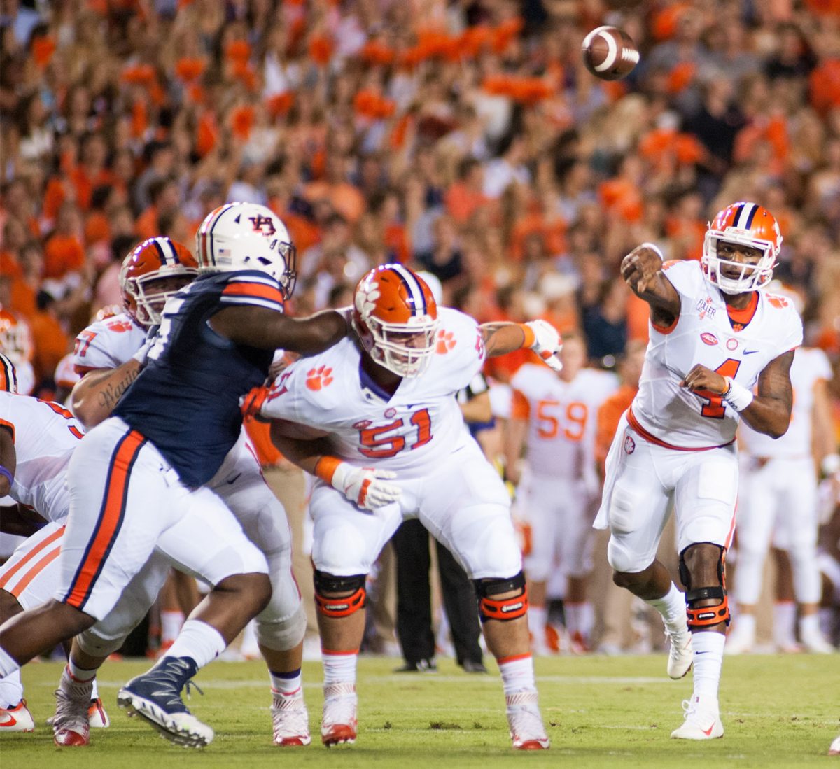 Clemson quarterback Deshaun Watson (4) throws a pass in the first half. Auburn vs Clemson on Saturday, September 3 in Auburn, AL.