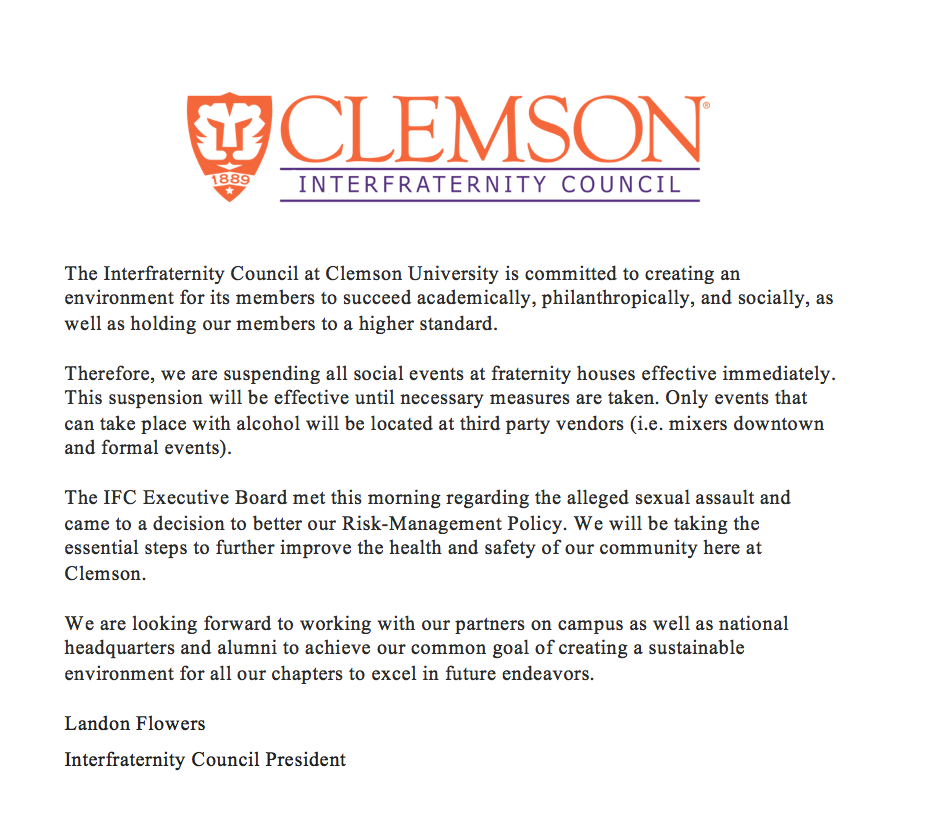 Statement+released+by+the+IFC+suspending+social+events+at+fraternity+houses.