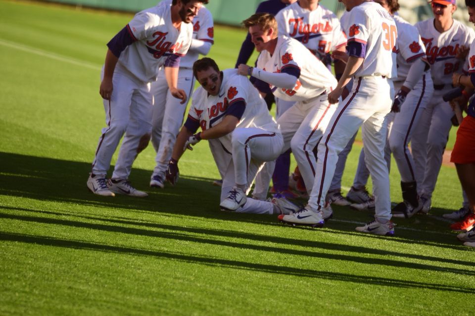 Tigers+celebrate+their+8-7+win+against+South+Carolina+Sunday.