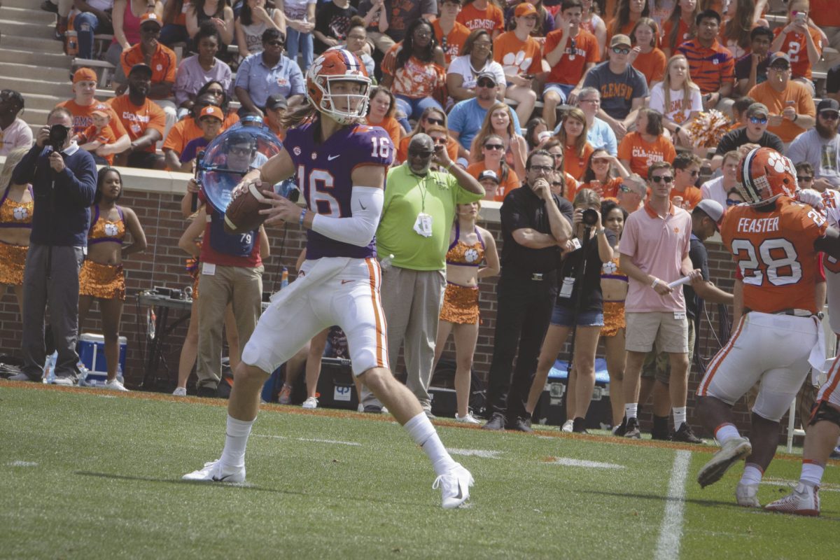 Trevor Lawrence (16) completed 11 of 16 attempts for 122 yards and one touchdown in the spring game.