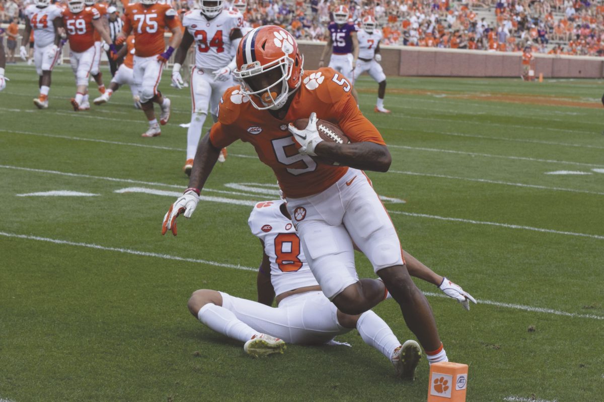 Wide receiver Tee Higgins (5) caught four passes for 118 yards and two touchdowns at the Clemson spring game.&#160;