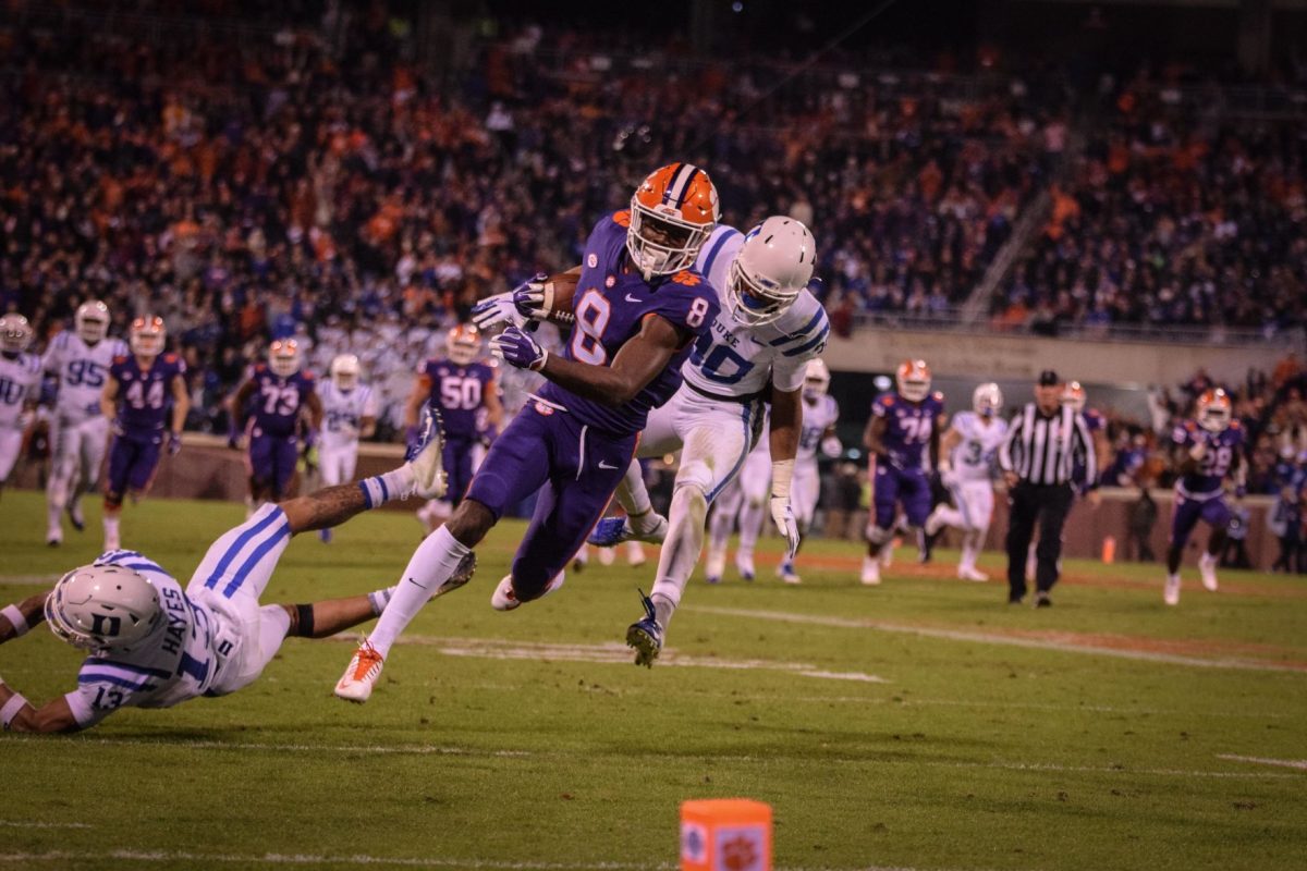 Justyn Ross (8) catches a pass during Clemson's 35-6 win over Duke. Ross finished the game as Clemson's leading receiver with four receptions for 76 yards and a touchdown.&#160;