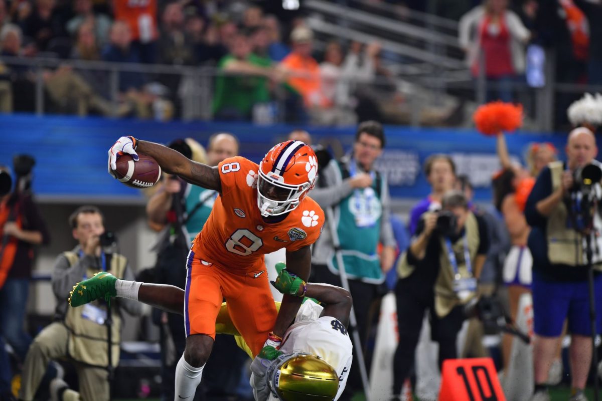 Freshman Justyn Ross reaches for a touchdown against Notre Dame during the 2018 Cotton Bowl. Ross set the record for first half receiving yards in the Cotton Bowl with 137.&#160;