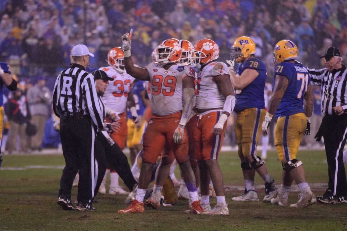 Clelin Ferrell (99) wags the finger. The Clemson defense was outstanding on Saturday, limiting the Pittsburgh Panthers to just eight total passing yards and 200 yards of offense total.&#160;