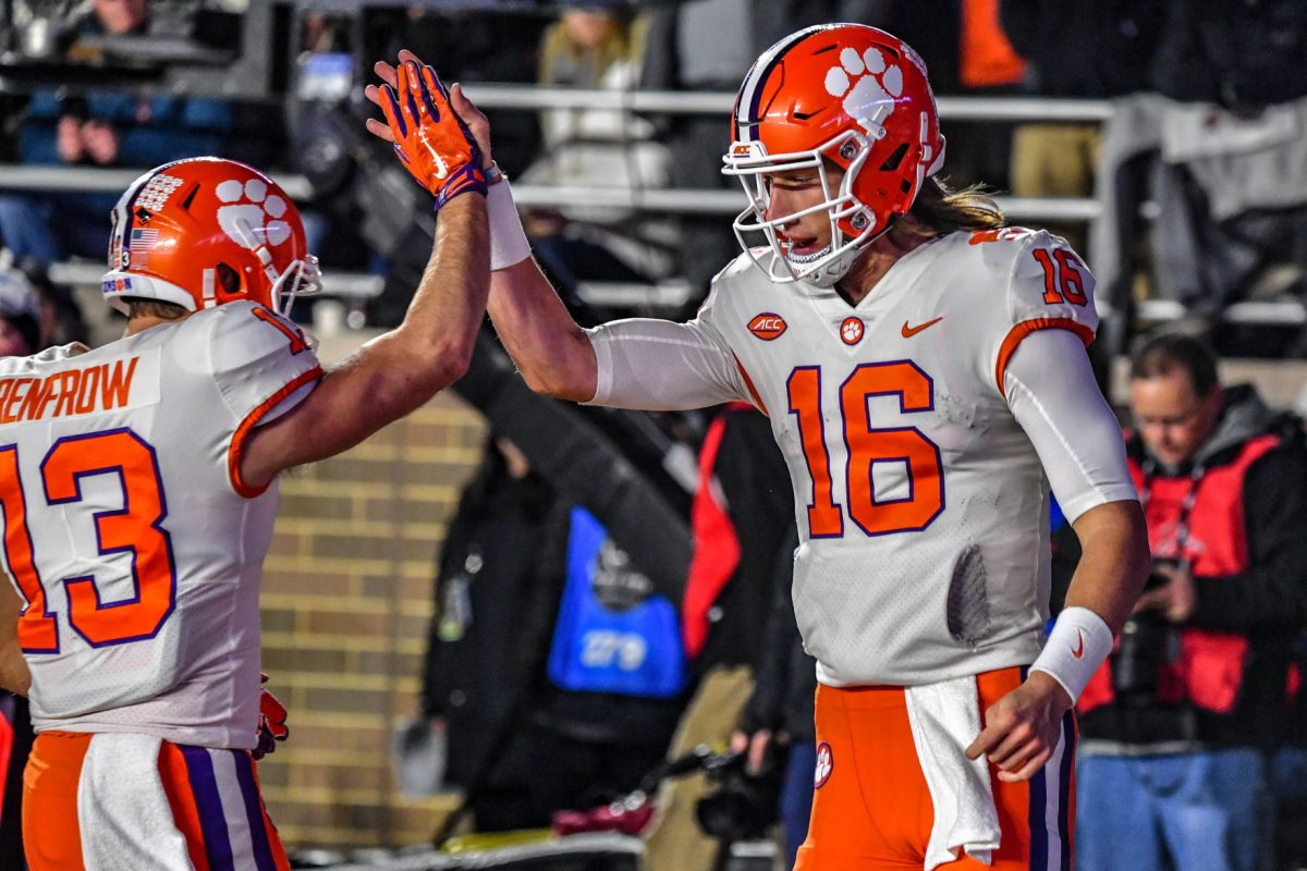 Trevor Lawrence (16) will be playing in likely the biggest game of his life against Notre Dame and will look to connect with receivers like Hunter Renfrow (13), Justyn Ross and Tee Higgins.&#160;