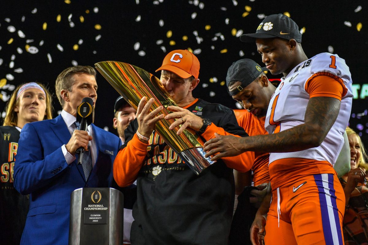 Clemson Head Coach Dabo Swinney celebrates after winning his second National Championship.