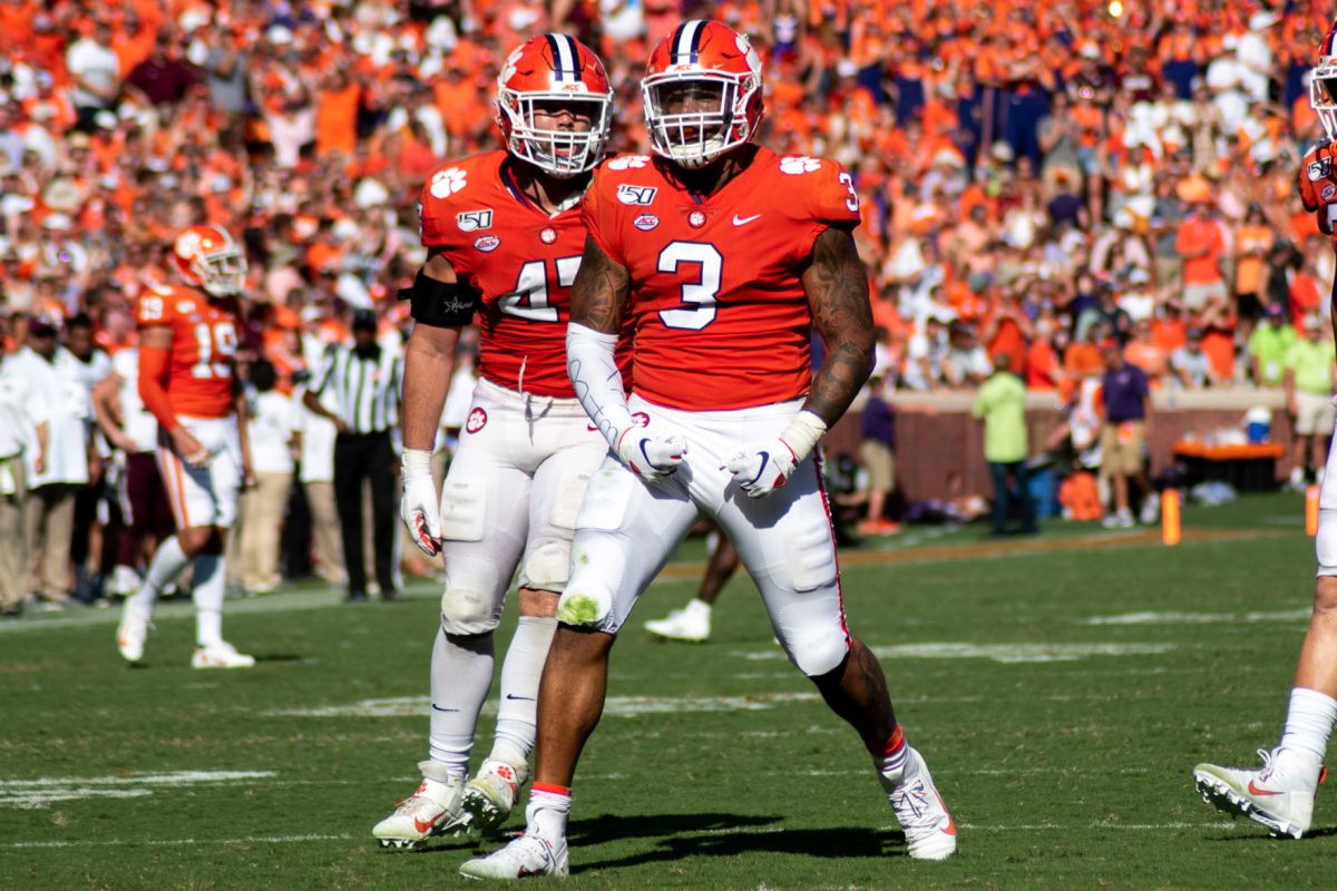 Xavier Thomas (3) and James Skalski (47) celebrate after a dominant performance against Texas A&amp;M.&#160;