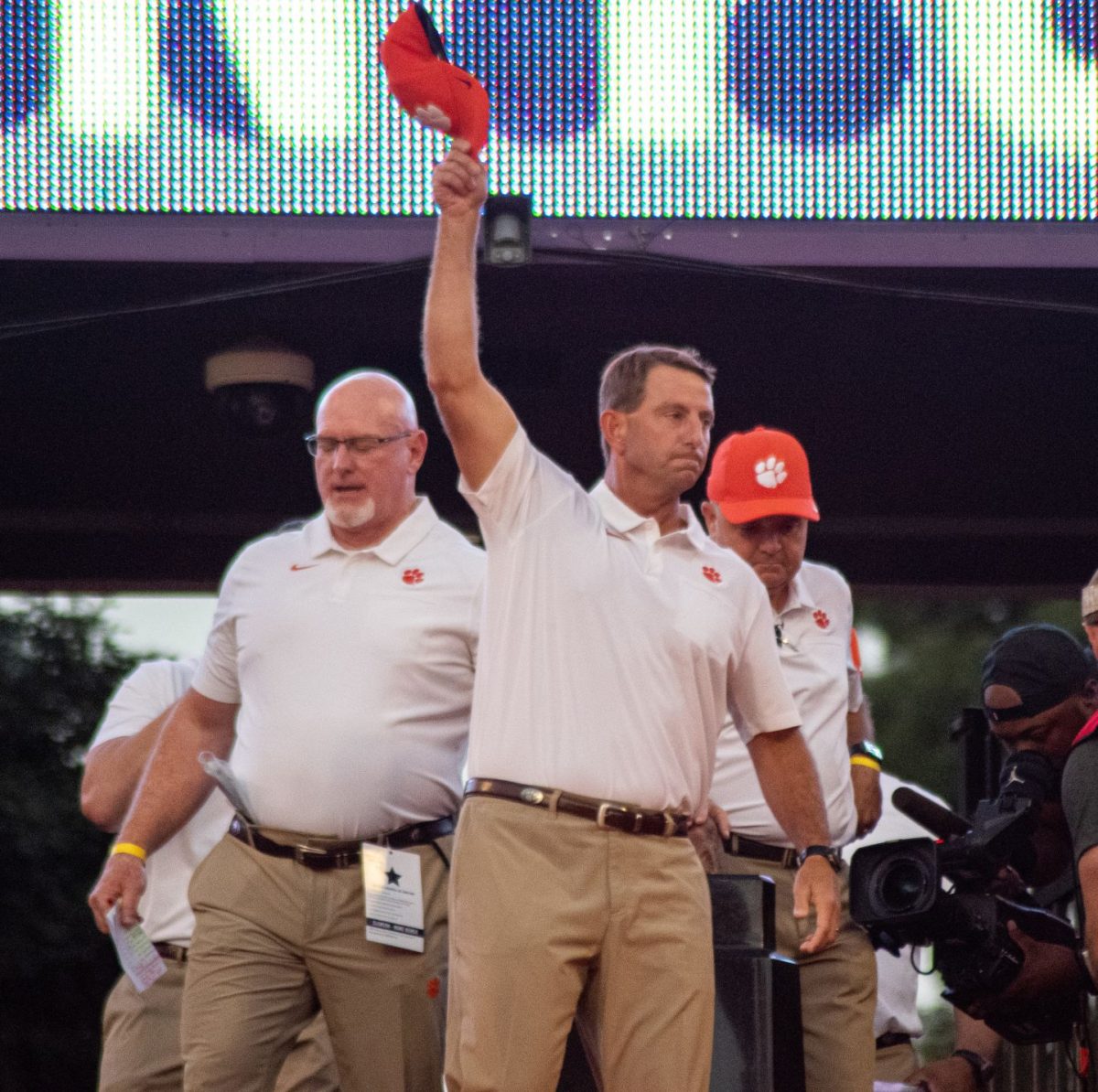 Clemson Head Coach Dabo Swinney salutes the crowd before the Georgia Tech game. 