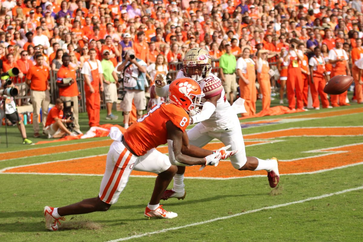 <p>Clemson receiver Justyn Ross (8) catches a touchdown pass against Florida State.  </p>