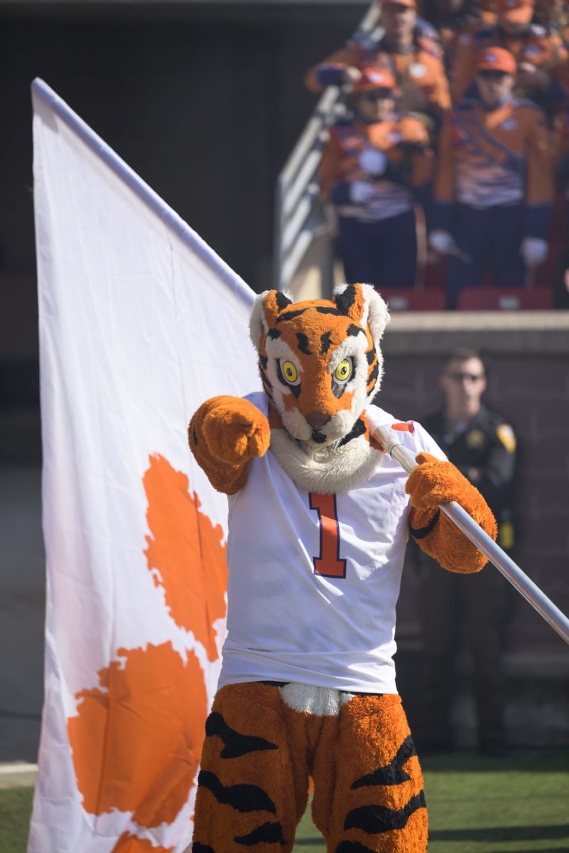 The Tiger mascot gets the team ready for last week's matchup with Louisville.&#160;