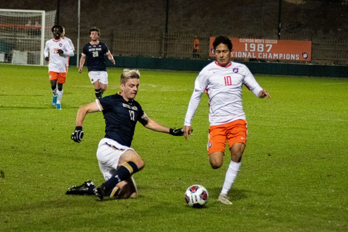 Clemson forward Adrian Nu&#241;ez takes on Notre Dame at Historic Riggs Field earlier in the season.&#160;