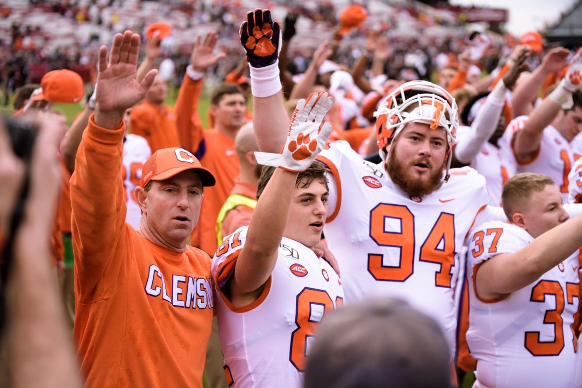 Clemson celebrates their 38-3 victory over South Carolina by singing the alma mater at Williams-Brice Stadium.&#160;