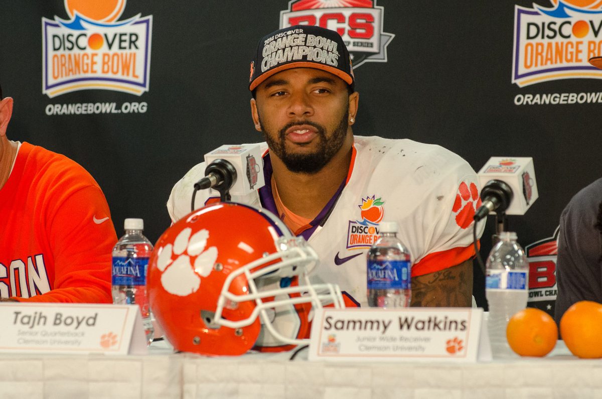 Tahj Boyd addresses the media following the 2014 Orange Bowl against the Ohio State Buckeyes. Boyd and the Tigers defeated the Buckeyes 40-35.