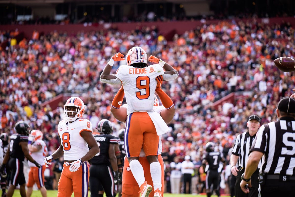 Clemson running back Travis Etienne (9) compiled 86 yards and two touchdowns against South Carolina.&#160;