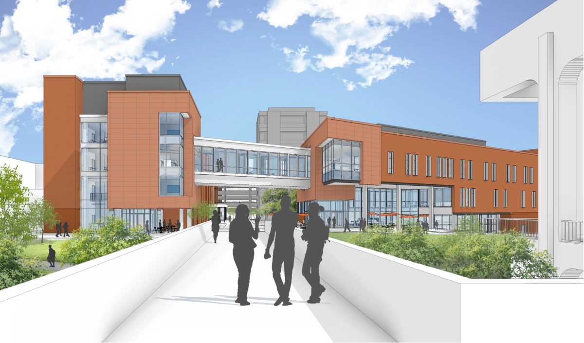 An interior walkway will connect the renovated Daniel Hall, on left, to its newly constructed counterpart in 2023.