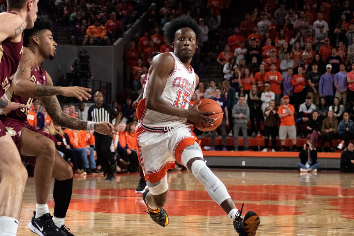 Sophomore guard John Newman III (15) drives to the basket during the Tigers' Feb. 29 win over #6 Florida State. Newman tallied 18 points and 2 rebounds while playing in 36 minutes on Saturday.