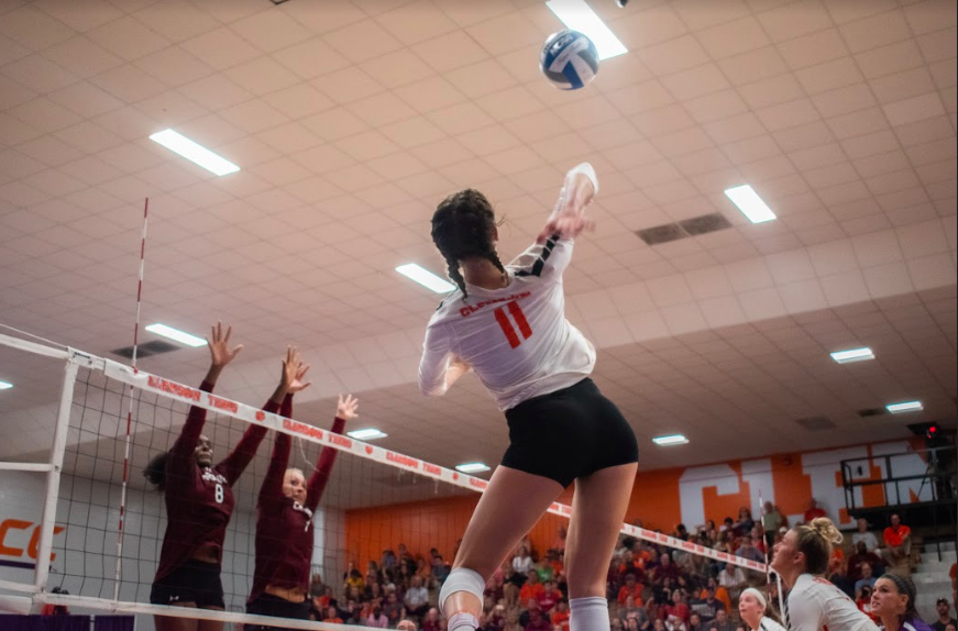 Redshirt senior Brooke Bailey (11) jumps up to hit the ball over the net during the Tigers' match against the South Carolina Gamecocks&#160;