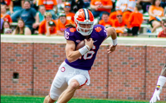 Trevor Lawrence (16) runs the ball in the 2019 Spring Game