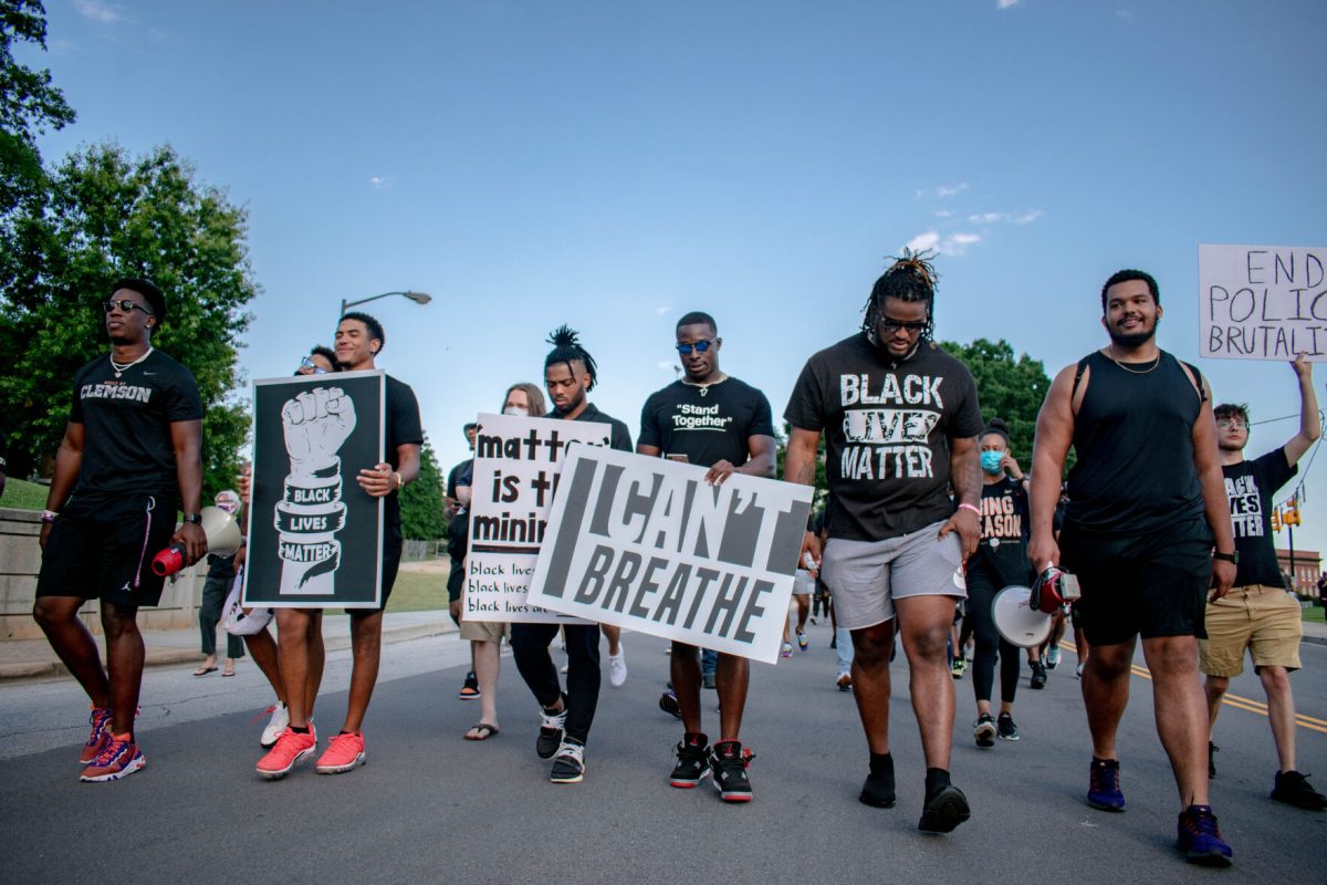 Clemson University football players led a peaceful demonstration in the Clemson area on June 13, 2020. 