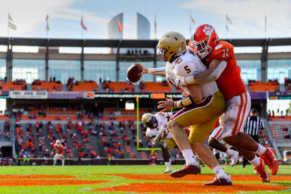 Clemson+defensive+lineman+Bryan+Bresee+%2811%29+tackles+Boston+College+quarterback+Phil+Jurkovec+%285%29+in+the+endzone+for+a+safety+during+the+4th+quarter+of+the+NCAA+football+game+between+the+Clemson+Tigers+and+Boston+College+Eagles+on+Oct.+31%2C+2020%3A+at+Memorial+Stadium+in+Clemson%2C+SC.