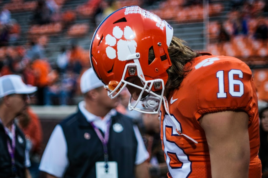 Trevor Lawrence (16) walks out of the tunnel ahead of the 2019 game against Boston College.&#160;