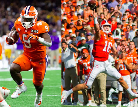 Travis Etienne (9), left, running the ball in the 2020 National Championship Game against the LSU Tigers and Trevor Lawrence (16), right, throws the ball during a 2019 home football game against the Texas A&amp;M Aggies.