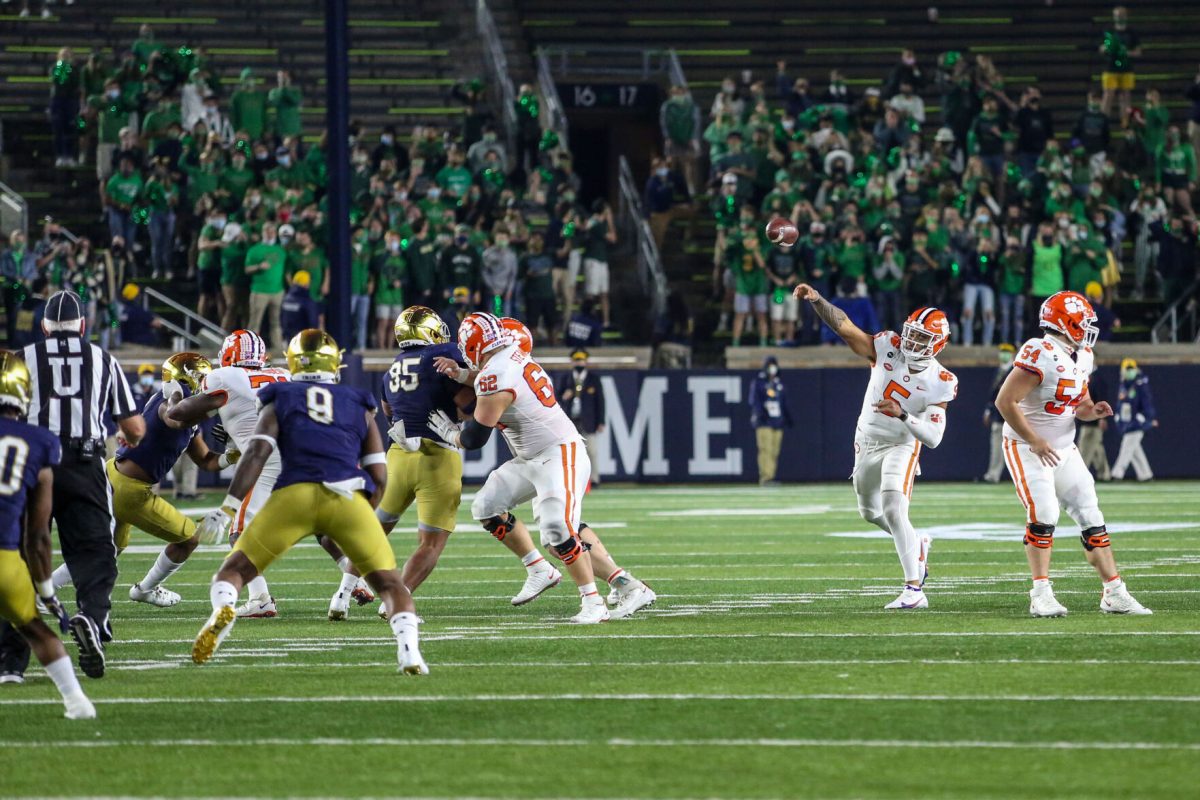 Clemson+quarterback+D.J.+Uiagalelei+%285%29+looks+for+a+touchdown+in+the+second+overtime+of+the+Tigers+top-four+game+against+the+Notre+Dame+Fight+Irish+on+Nov.+7%2C+2019+in+Notre+Dame%2C+Ind.+Uiagalelei+threw+for+a+school+freshman+record+439+passing+yards+against+the+Irish.