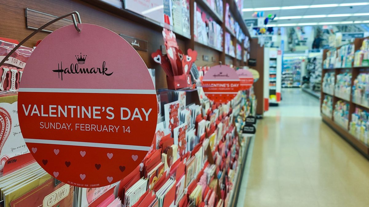 A local store promotes the sale of Valentine's Day cards.