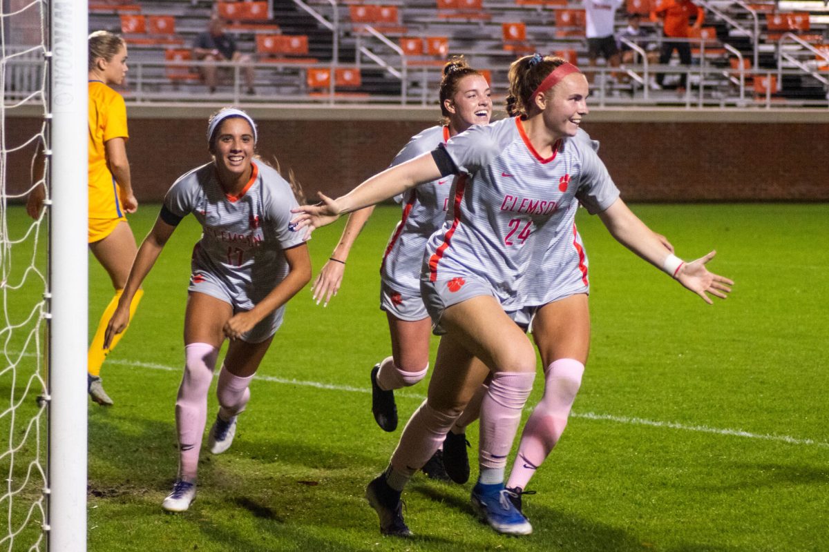 Freshman midfielder Megan Bornkamp (24) celebrates a goal during a match against the Pittsburgh Panthers on Oct. 29, 2020 at Historic Riggs Field. Bornkamp leads the Tigers in goals, 5, and points, 11, heading into the spring season.