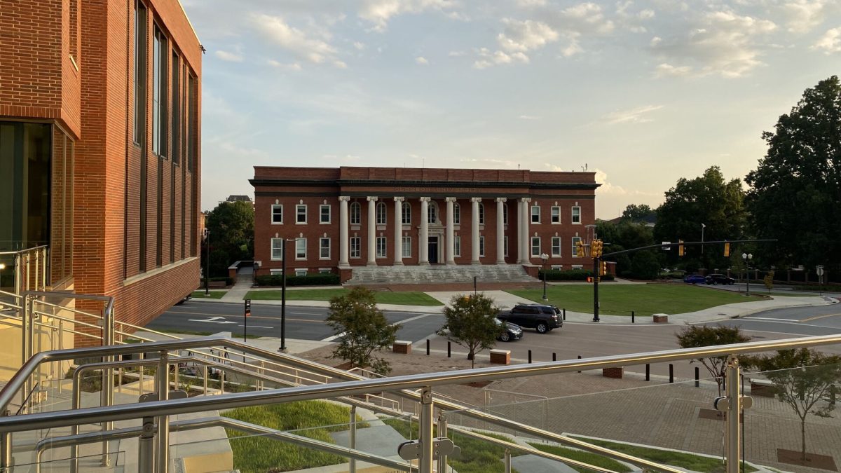 Sikes Hall, the principal administration building at Clemson University, viewed from the new Wilbur O. and Ann Powers College of Business.