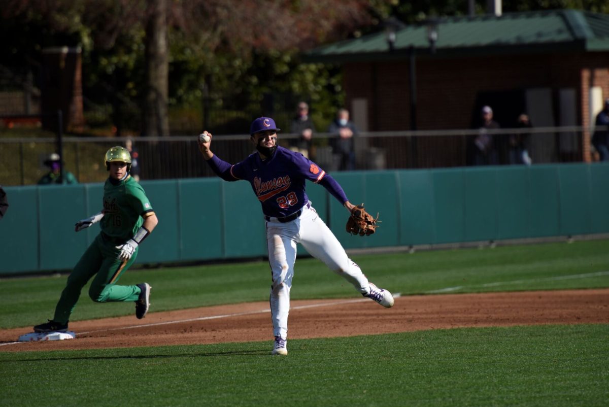 Clemson freshman third baseman Max Wagner makes a play at third base during game two of the Tigers' series with the Notre Dame Fighting Irish. The Irish claimed game two 3-1, forcing a decisive game three on Sunday.