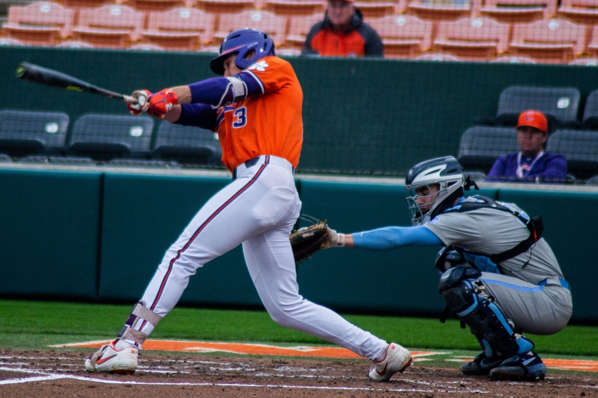 Then-freshman Bryce Teodosio hits against the North Carolina Tar Heels on March 9, 2019 at Doug Kingsmore Stadium. Teodosio has been in and out of the lineup in 2021 despite having one of the highest batting averages on the team.