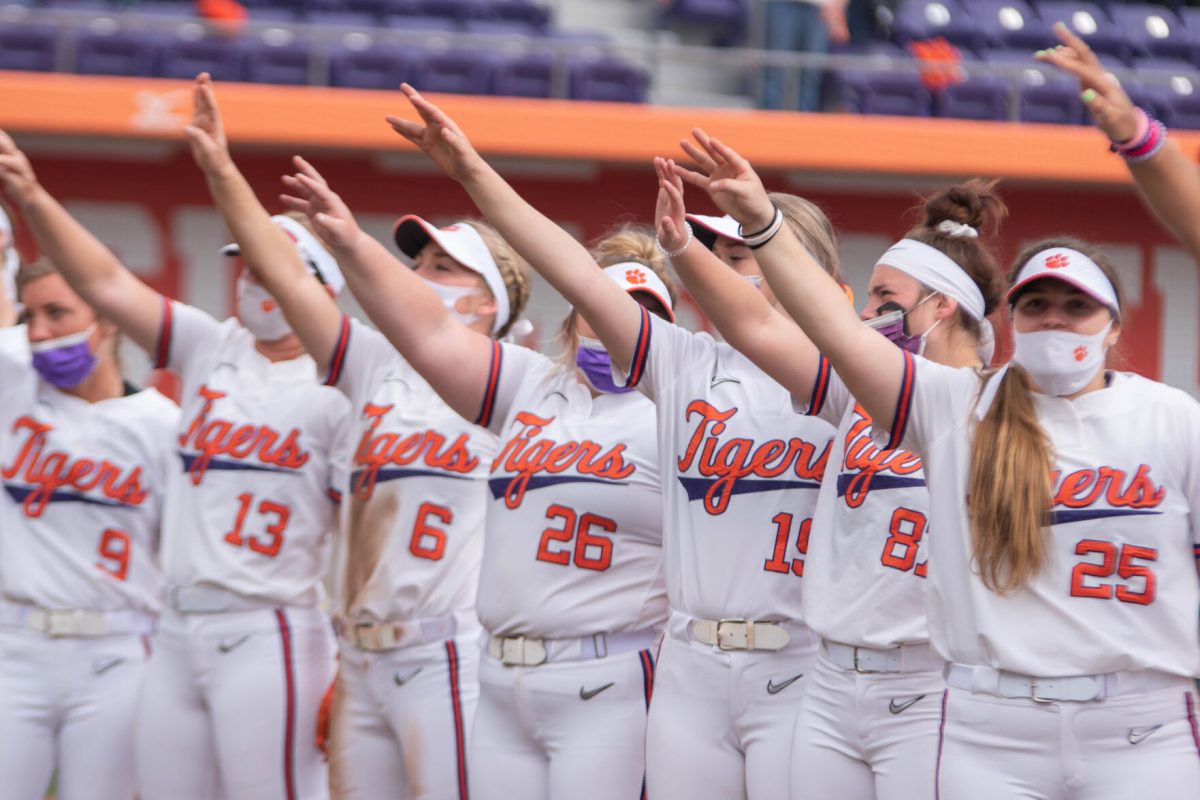 The Tigers sing the Clemson University alma mater after defeating Elon 8-0. The Tigers did not allow a run in the three game series.