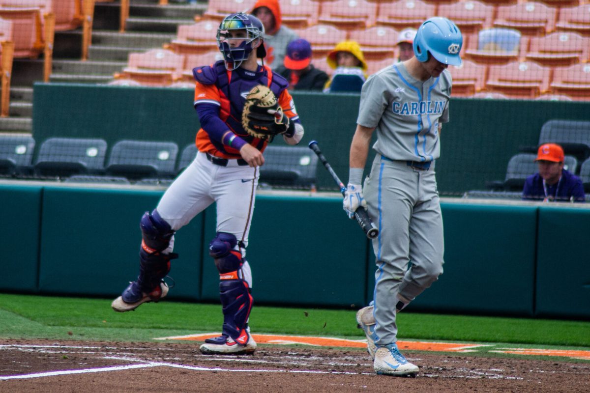 Former Clemson catcher Kyle Wilkie throws the ball around the infield following a strikeout during the Tigers' and Tar Heels' last series against one another on March 9, 2019 at Doug Kingsmore Stadium in Clemson, S.C. The Tar Heels host the Tigers for the first time since 2017 this weekend.