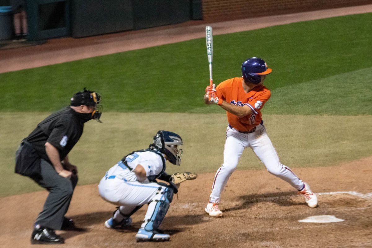 Clemson redshirt sophomore James Parker hits against the North Carolina Tar Heels at Boshamer Stadium in Chapel Hill, N.C.