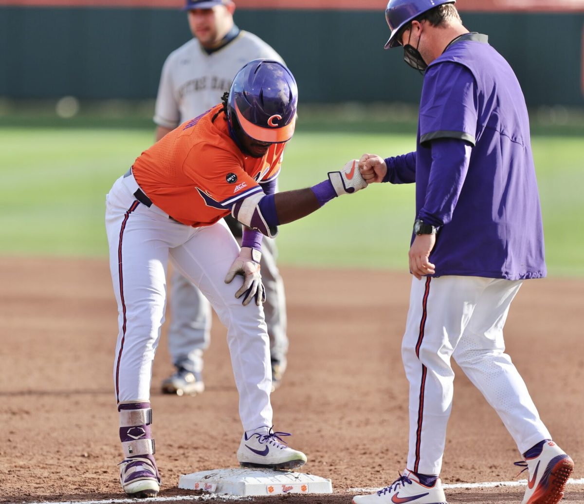 Kier Meredith celebrates a hit during his first game starting in the field this season.