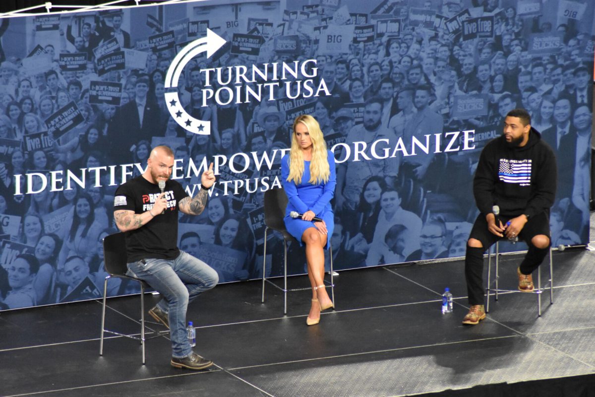 Graham Allen speaks at a panel with Tomi Lahren and Brandon Tatum during the Back the Blue rally.