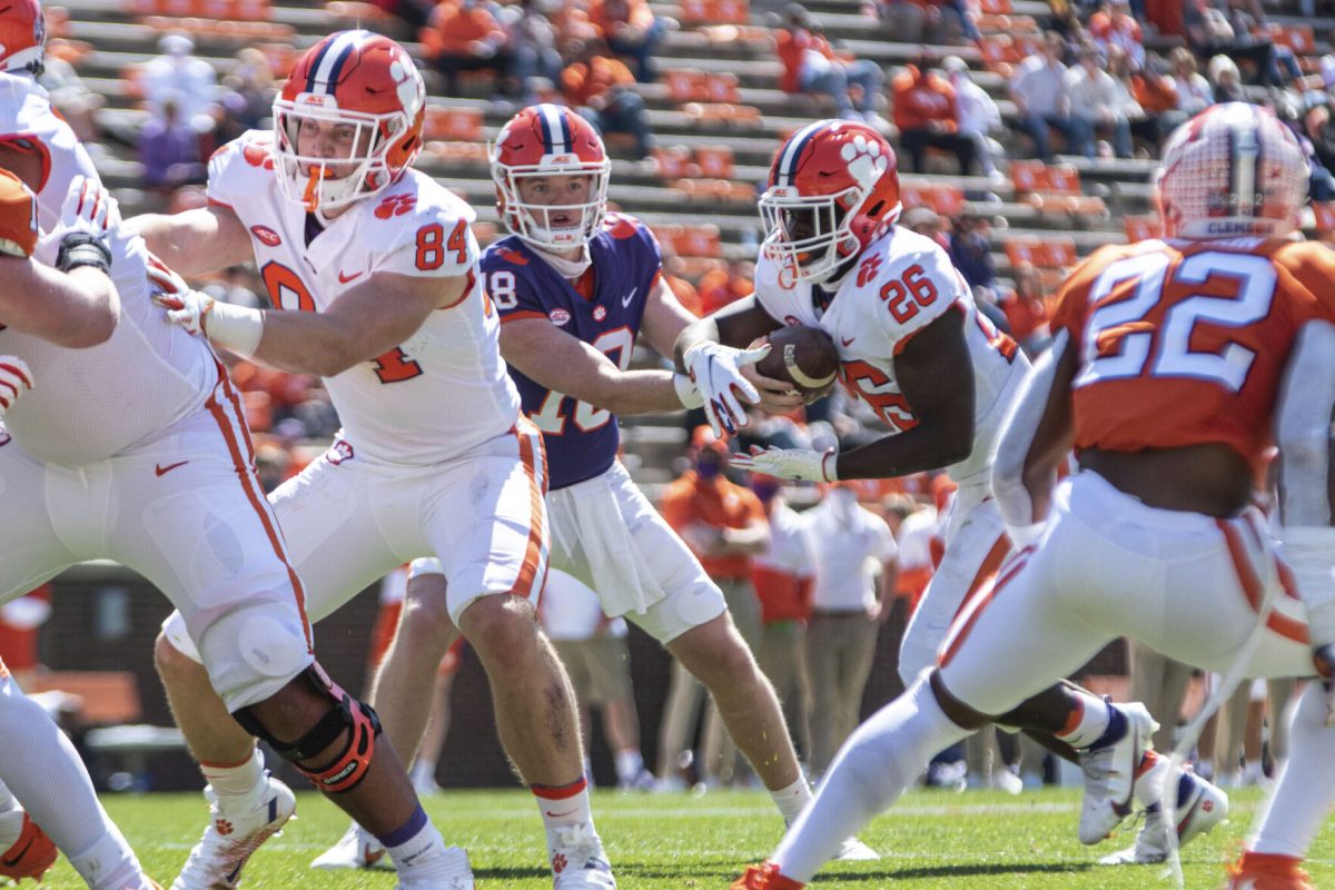 Hunter Helms (18) reads the defense during&#160;the Clemson Orange-White Spring Game at Memorial Stadium in Clemson, S.C.