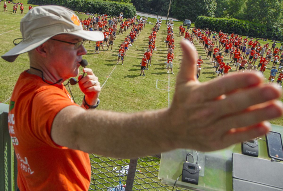 Dr. Mark Spede addressing Tiger Band during a previous season